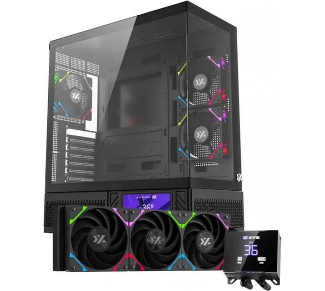 Gabinete XYZ Aurora Lite Black + Water Cooler Hydrotemp 360 ARGB Black LCD Display + 3x120mm ARGB Fans LCD Display USB-C Vidrio Templado
