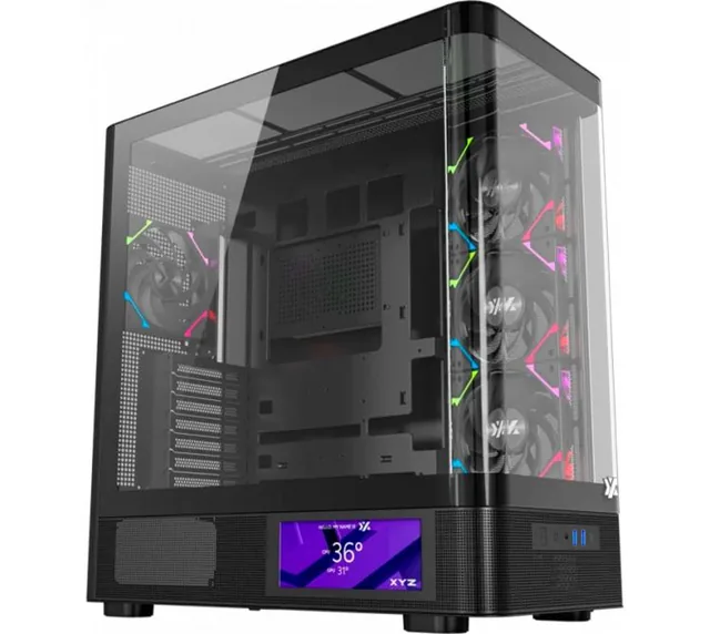 Gabinete XYZ QUANTUM PRO Black 4x120mm Vortex ARGB Fans 6.2” LCD Display Vidrio Curvo Inc. Controladora USB-C