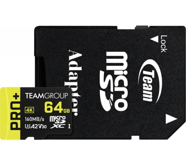 Memoria Micro SDXC Team PRO UHS-I 64GB 160MB/s A2 V30 Clase 10 4K Ultra-HD con Adaptador