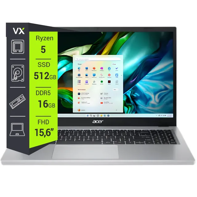 Notebook Acer Aspire 3 A315 Ryzen 5 7520U 16GB 512GB 15.6" Touch W11 Pure Silver