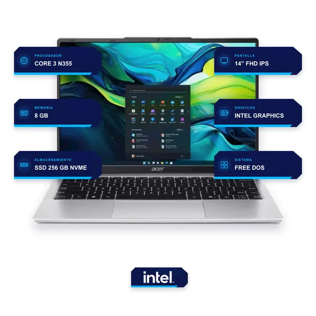 Notebook Acer Aspire Lite Core i3 N355 8GB 256GB 14" Light Silver