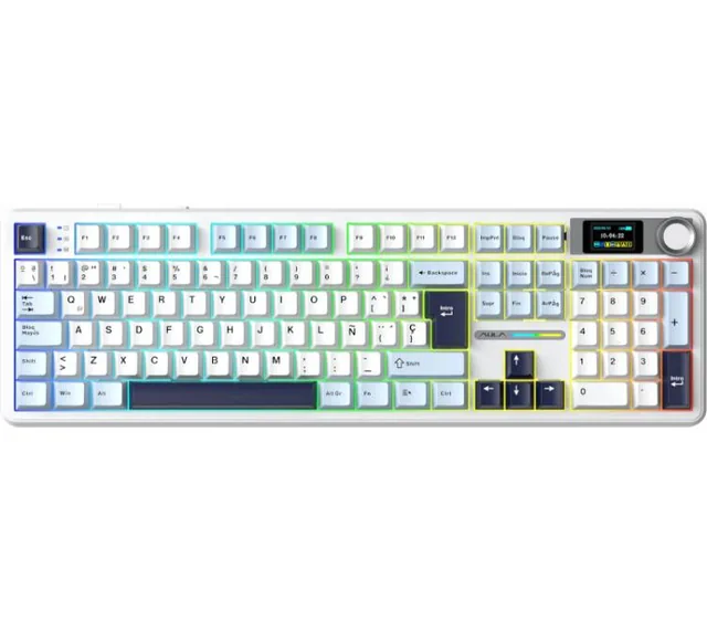 Teclado Mecanico Aula F108 Pro Wireless 2.4GHz Bluetooth 5.0 Pantalla Lcd Blue/White RGB 76hs Usb-c