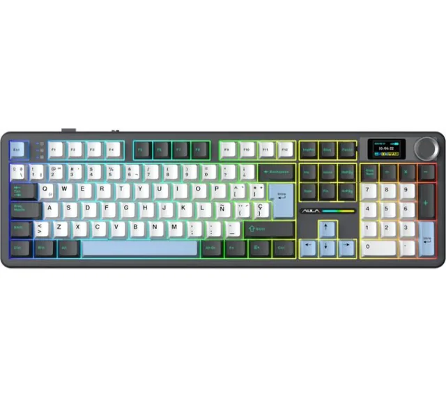 Teclado Mecanico Aula F108 PRO Wireless 2.4Ghz Bluetooth 5.0 Pantalla LCD White/Blue/Black RGB 76hs USB-C